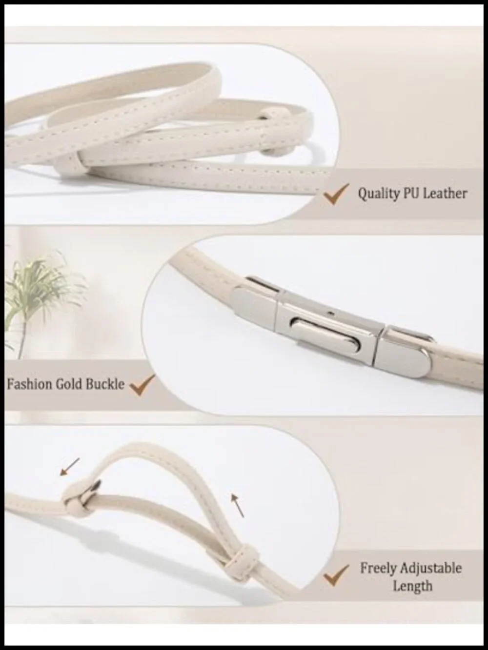 2 Pack Women Skinny PU Leather Belt, Thin Waist Belt with Gold Buckle,